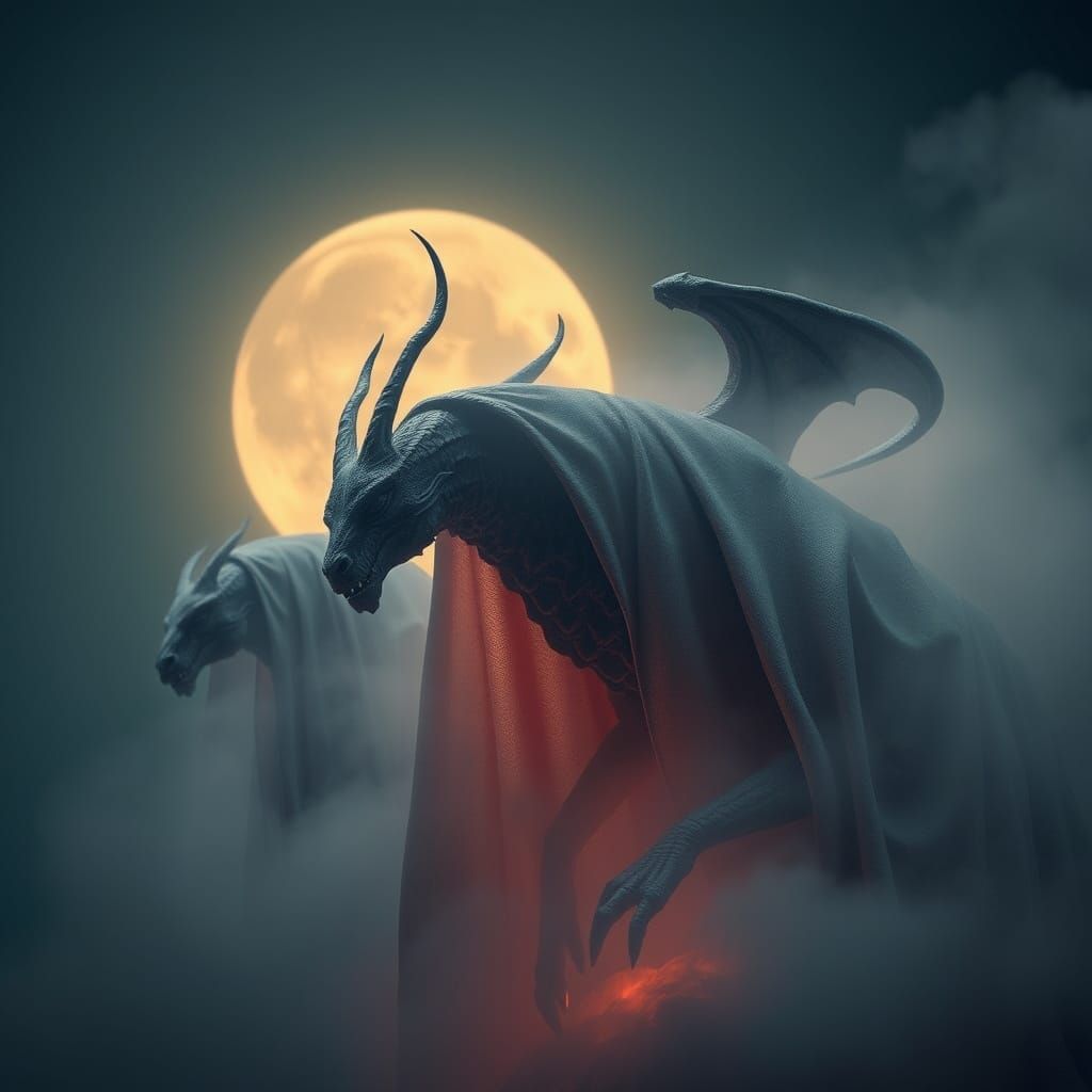 Realistic Sculptures of Mythical Beings in Misty, Moonlit La...