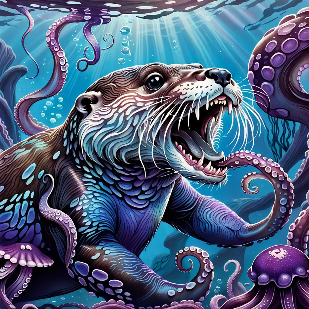 Otter Imp Eating Octopus, Airbrush Art