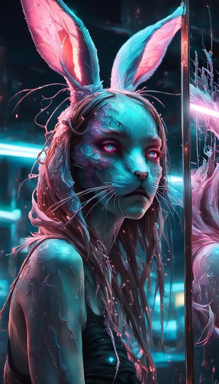 Cyber Rabbit Girl's Fractured Reflection: Dreamlike Art