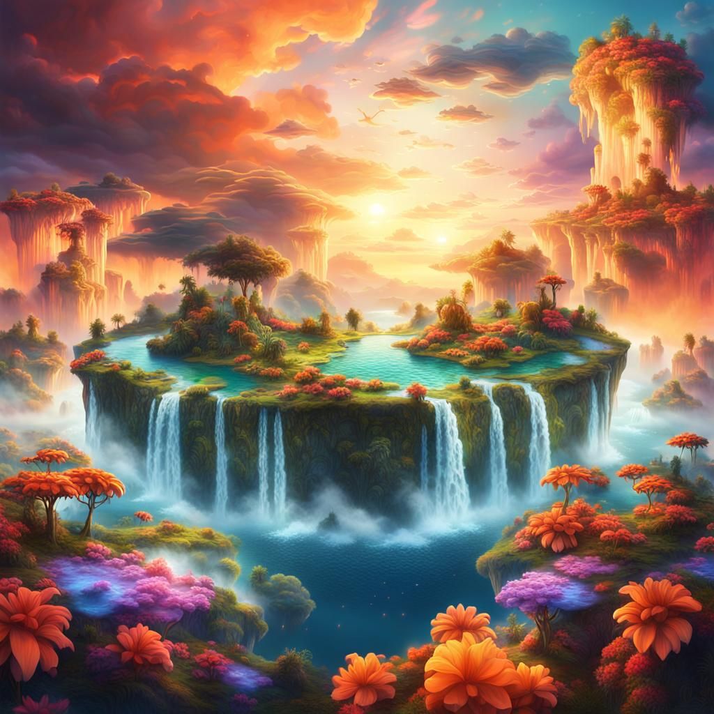 Surreal Floating Islands with Waterfalls, Digital Matte Pain...