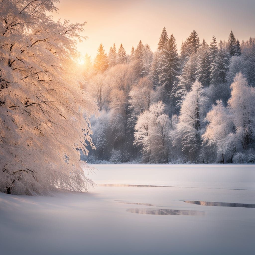 Winter Landscape with Snowflakes and Golden Hour Light