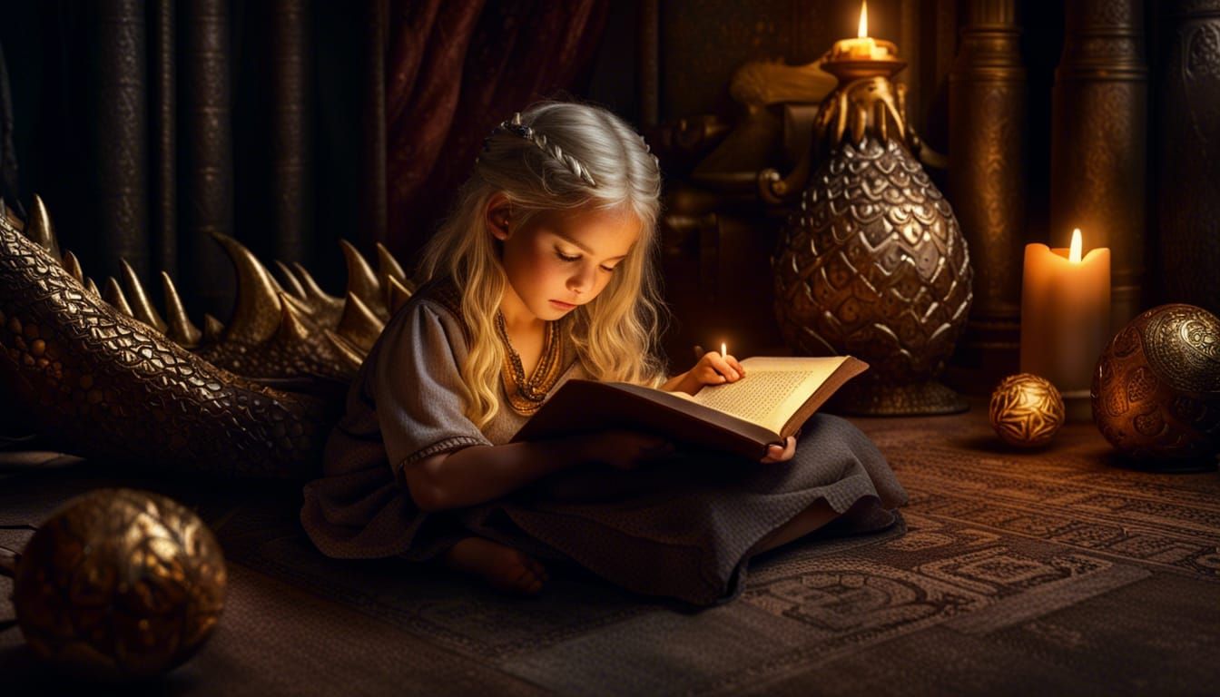 Targaryen Princess Reading with Dragon Egg