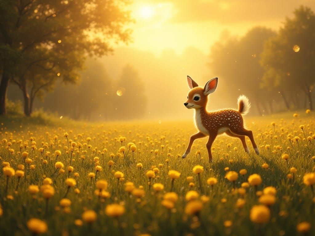 Fawn Leaps in Dandelion Meadow at Sunrise