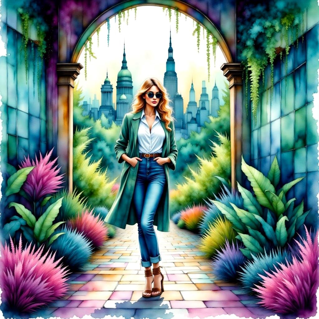 Woman in Cityscape as Liquid Ink Watercolor