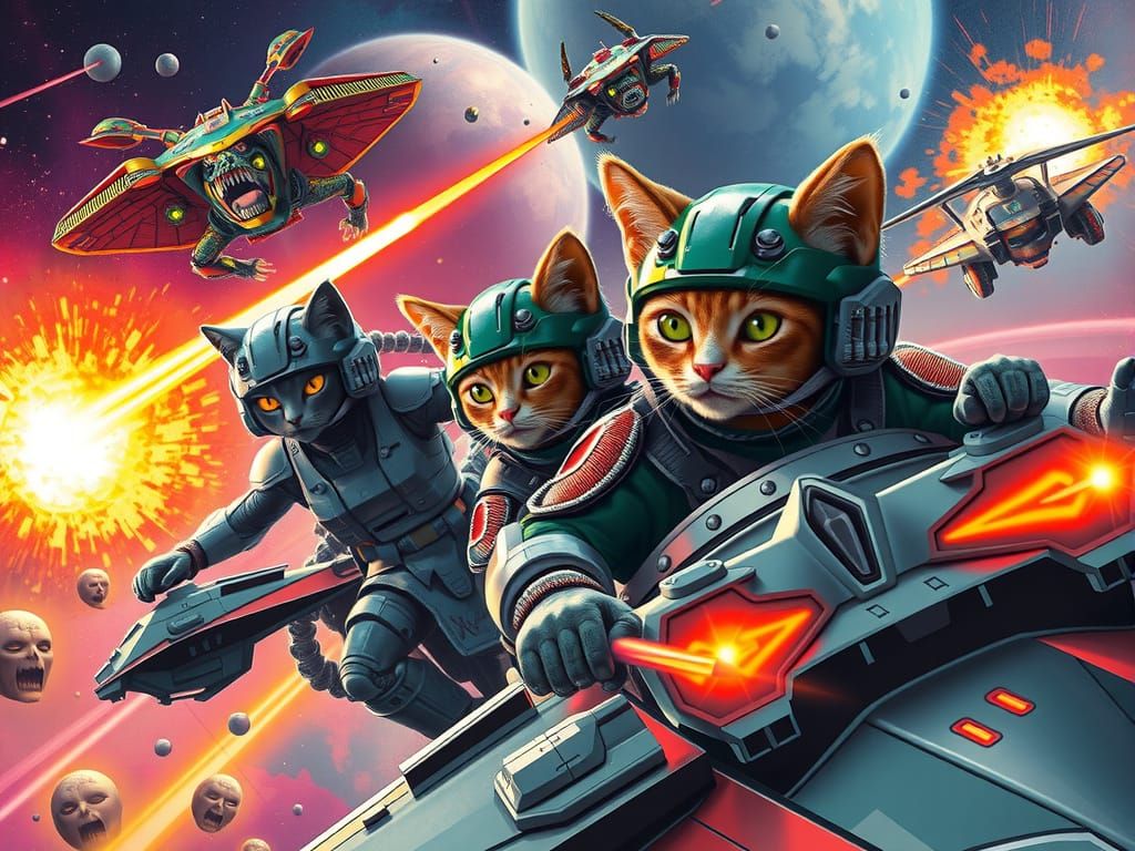 Cats in Futuristic Space Battle, Sci-Fi Art