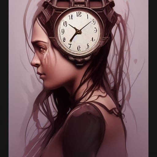 Surreal Melting Clock Portrait in Art Nouveau Style