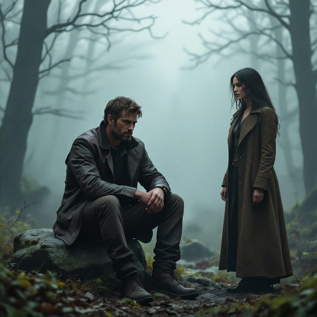 Contemplative Couple in Misty Forest, Dark Blur Style