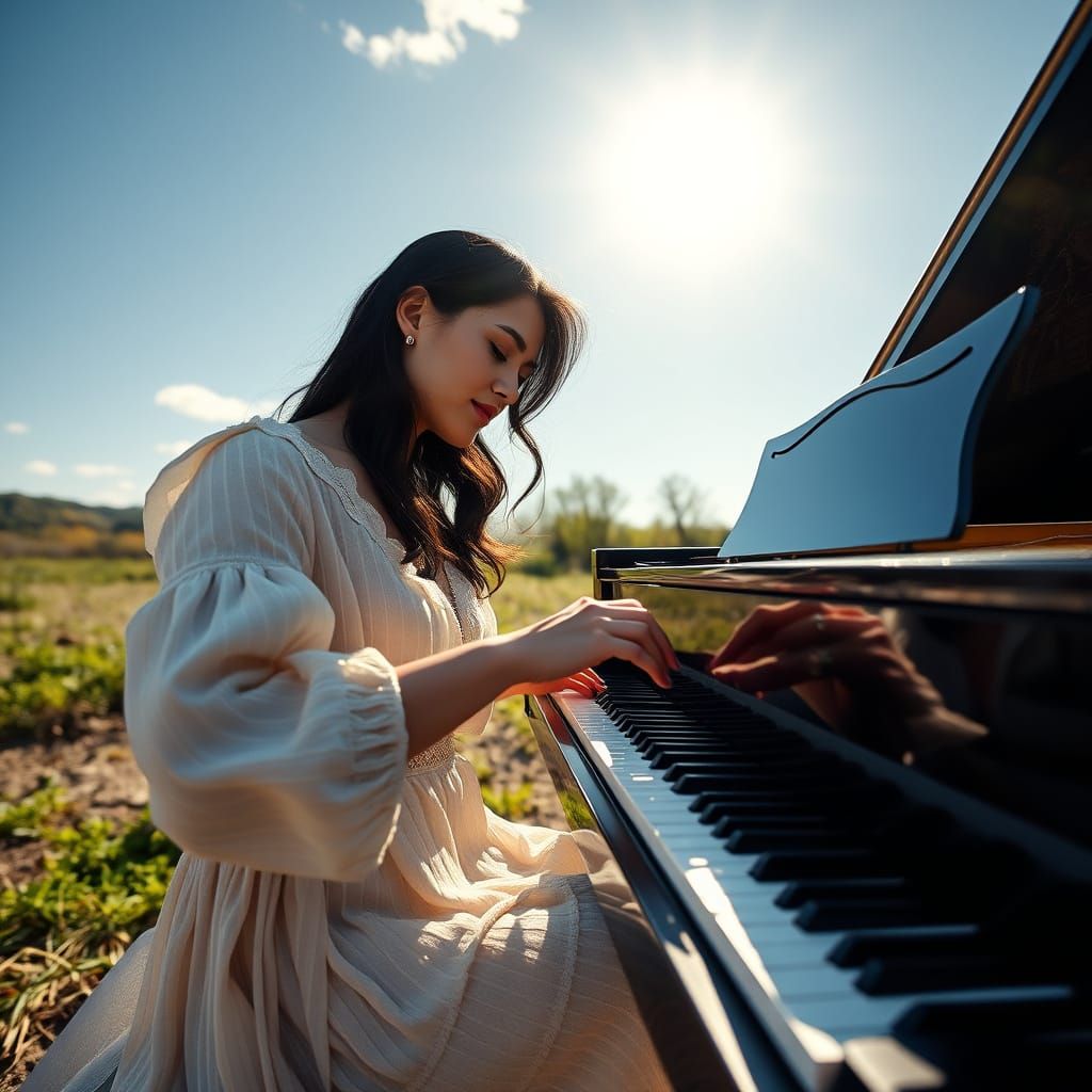 Serenade in the Summer Sun, a Young Woman Plays Piano in a H...