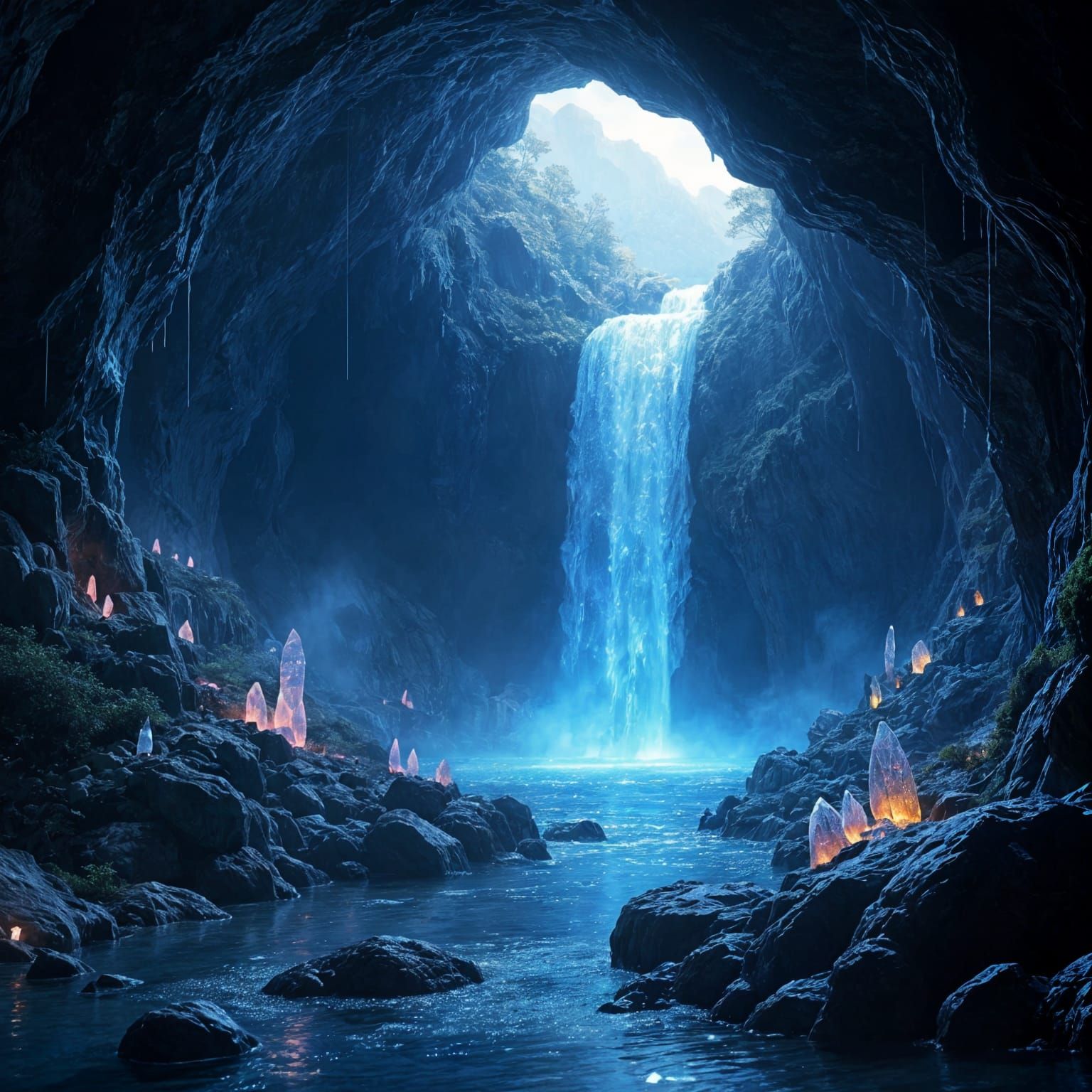 Glowing Crystal Cave with Waterfall in Hyperrealism
