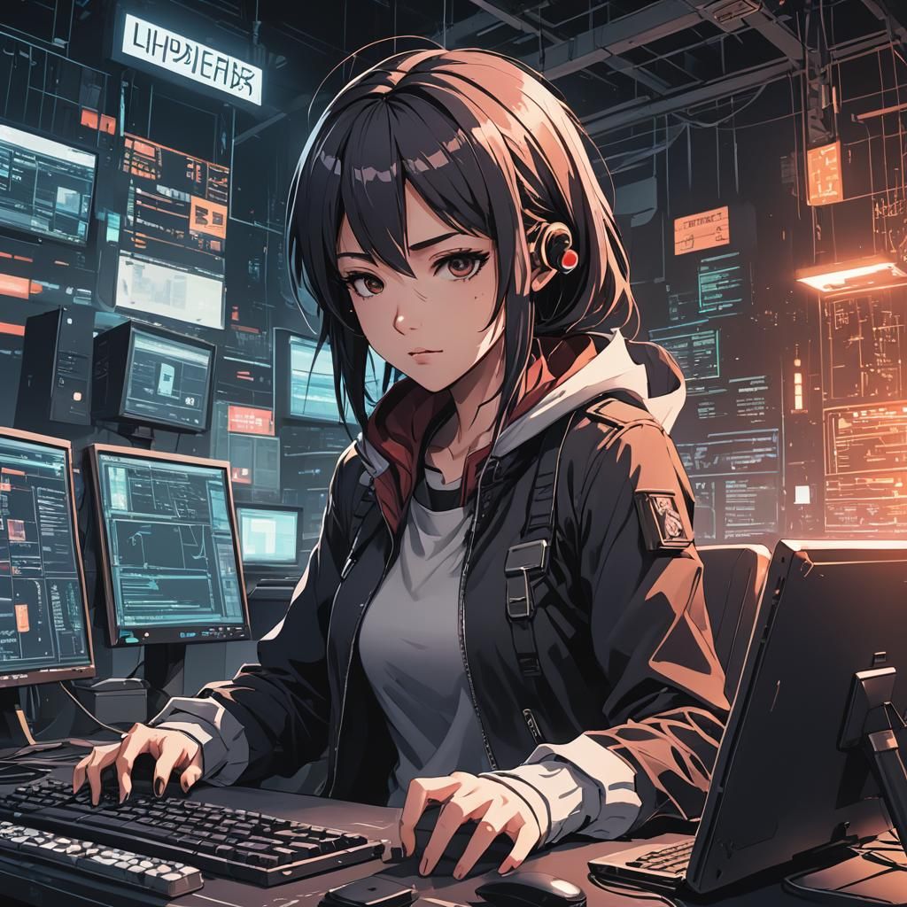 Anime Girl Hacker in Cel-Shaded Style