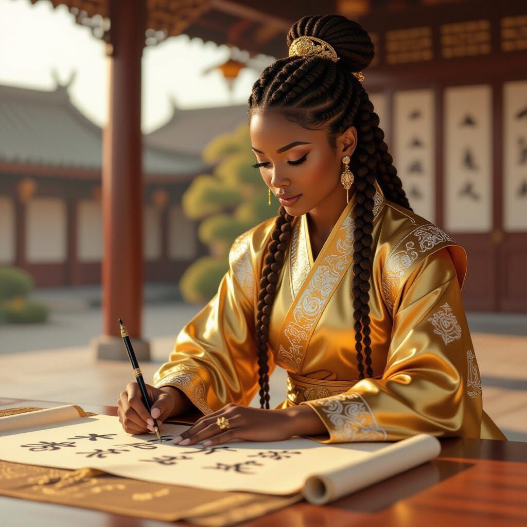 African Teacher Writes Calligraphy in Serene Asian Setting