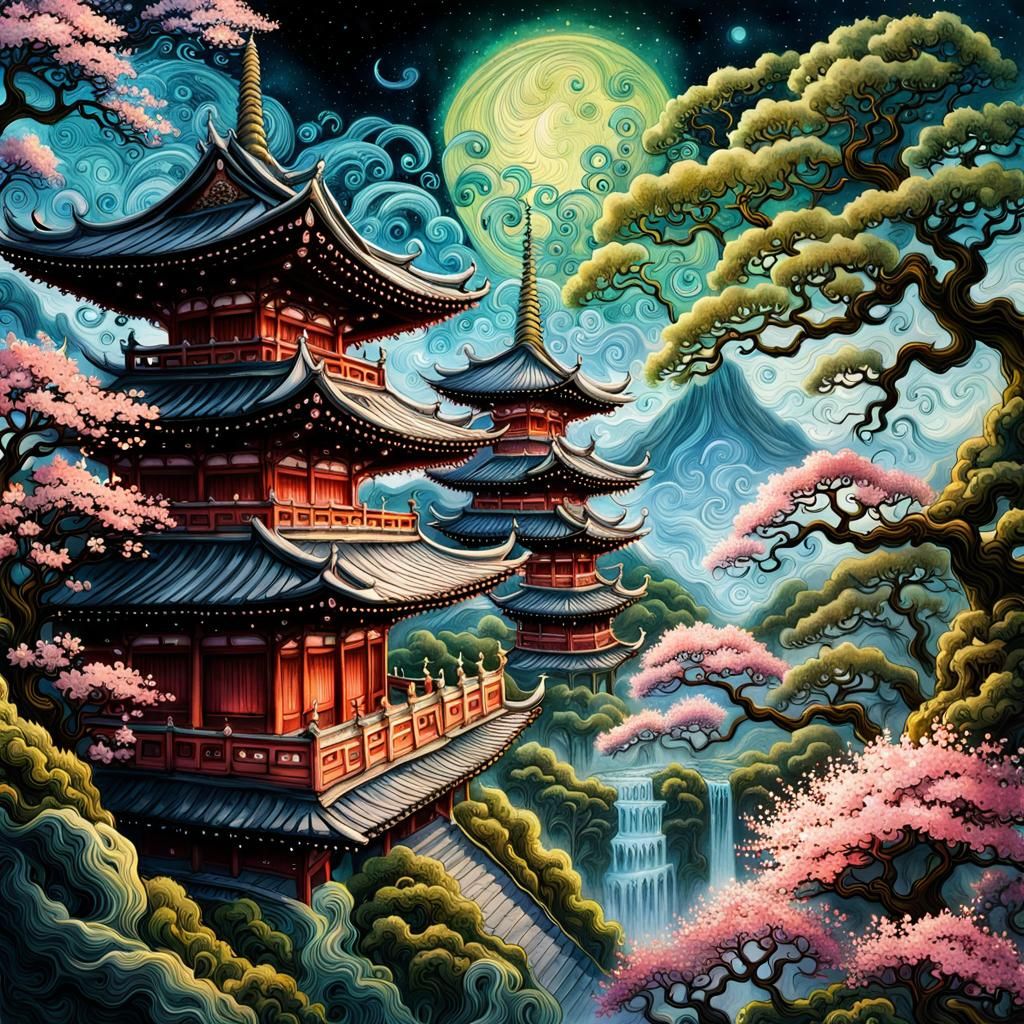 Japanese Temple and Sakura with Fantastical Creatures