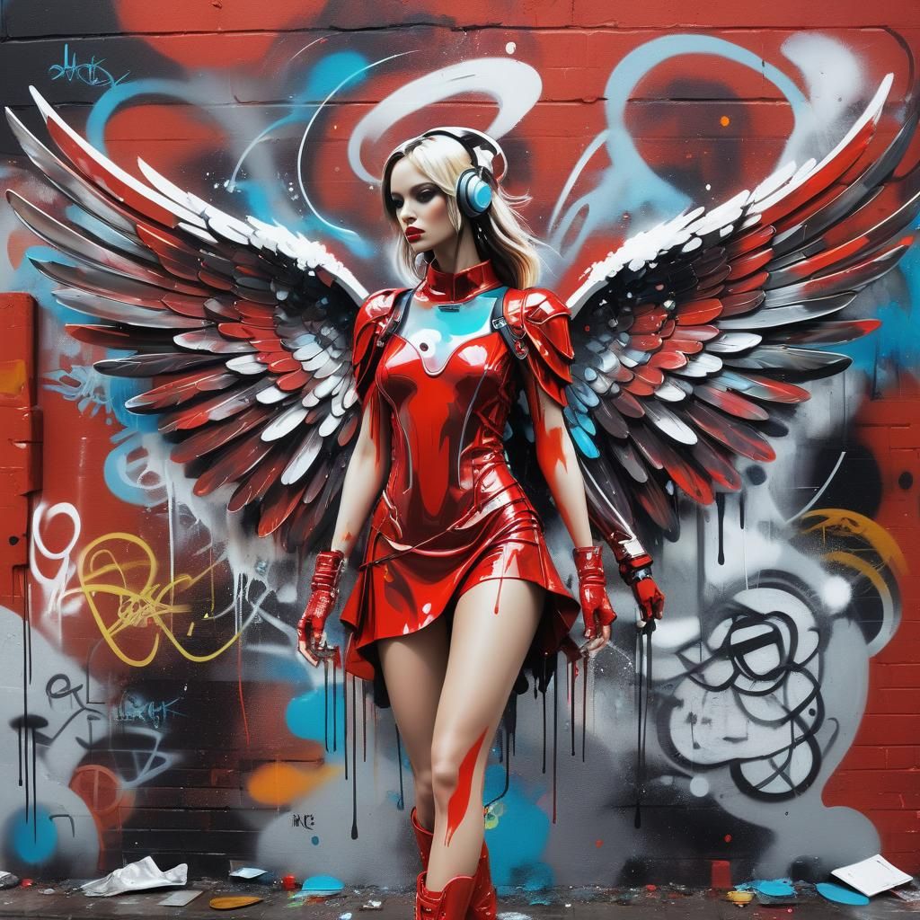 Futuristic Fashion: Girls in Red with Angel Wings