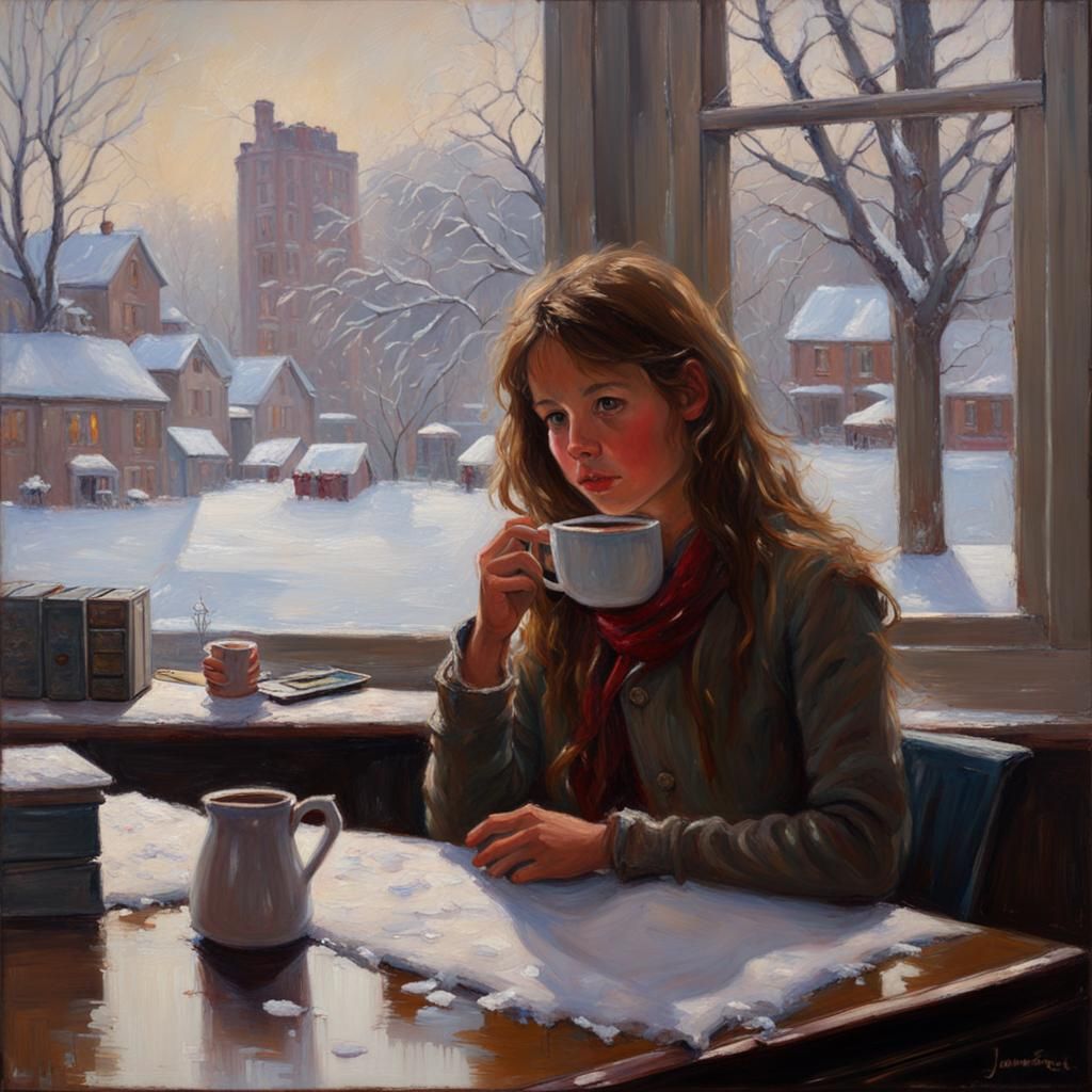 Girl Enjoying Hot Chocolate in Snowy Office