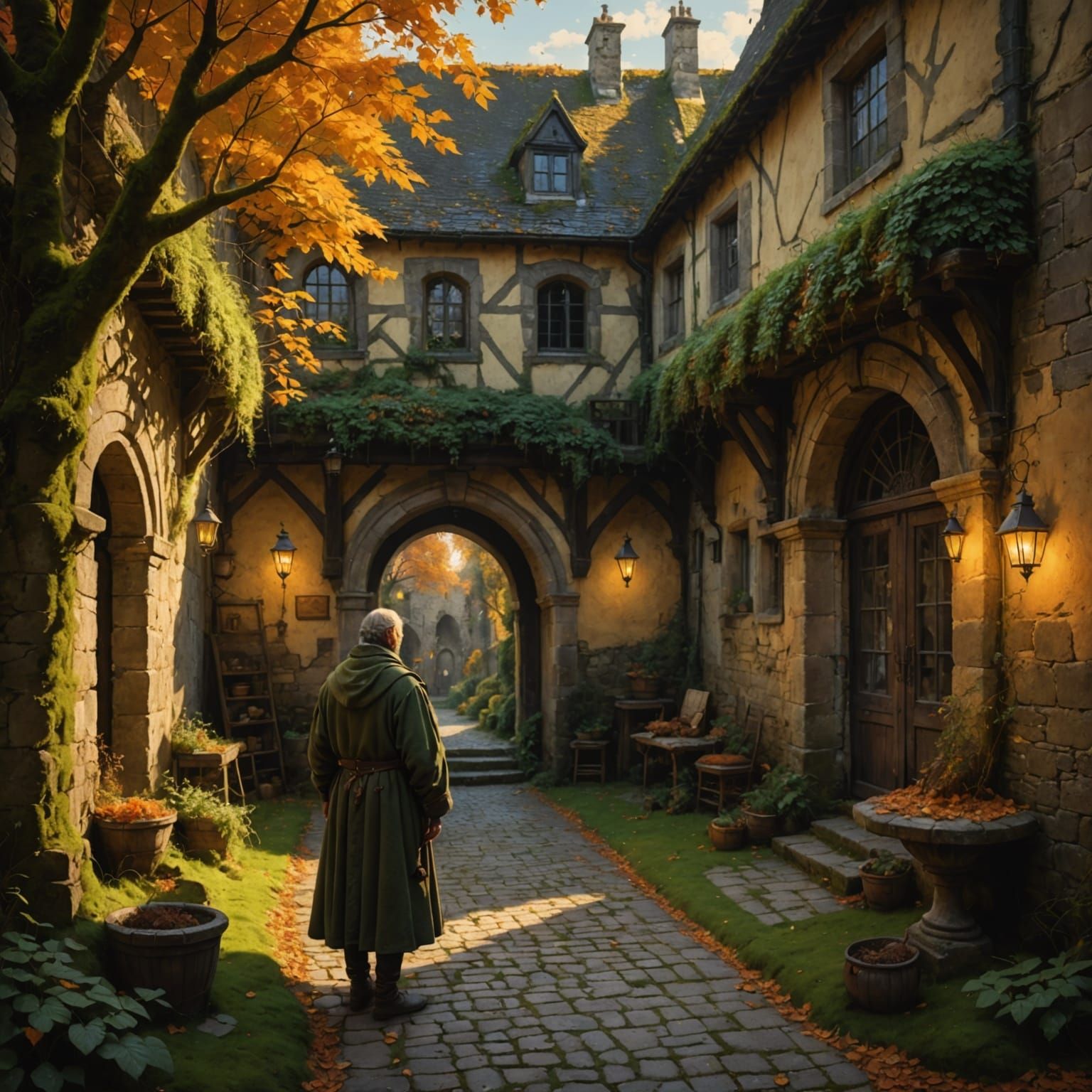 Medieval Courtyard at Sunset Digital Painting