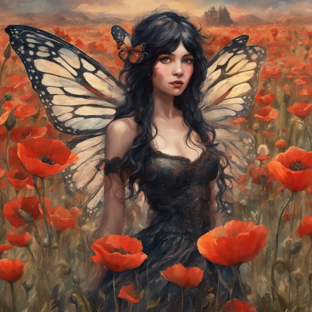 Poppy Field Fairy with Butterfly Wings as Gouache Painting