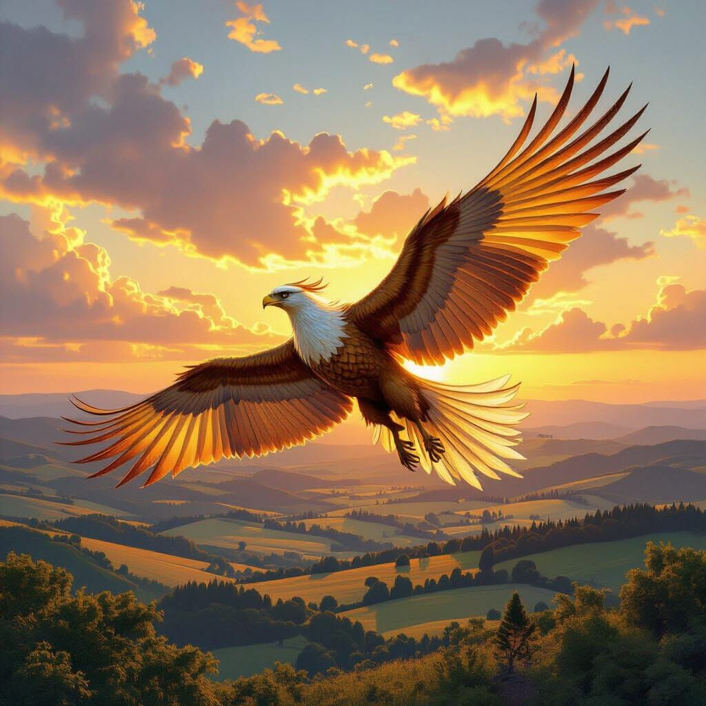 Griffin Soaring at Sunset, Hyperrealistic Digital Painting