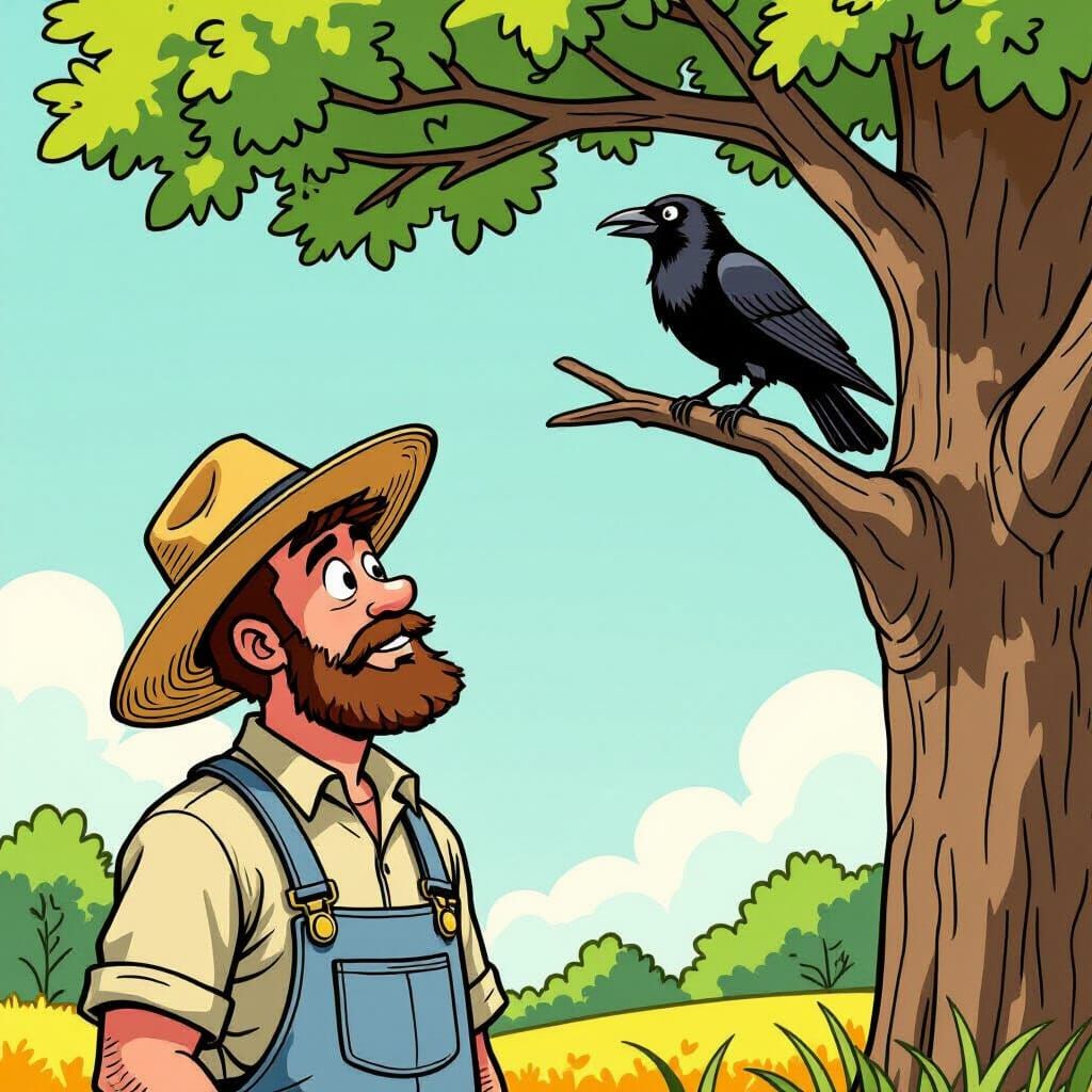 Farmer and Crow in Cartoon Style