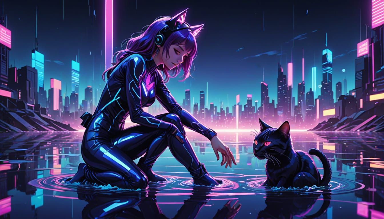 Anime Girl with Cat Ears in Cyberpunk Style