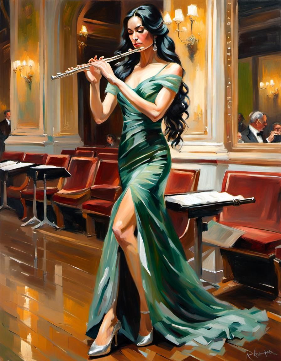 Woman Playing Flute in Theater, Oil Painting Style