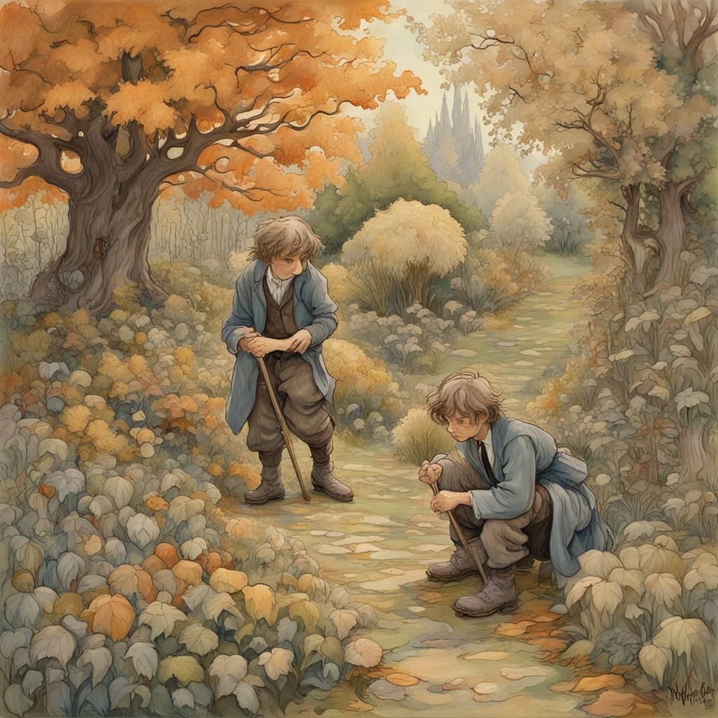 Hobbits in Autumn Garden, Gouache Impressionist Style