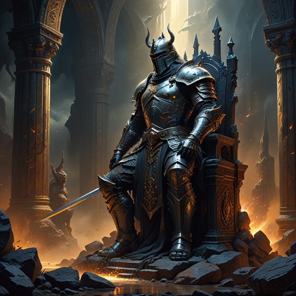 Knight Kneels Before Jeweled Throne with Rock God Statue