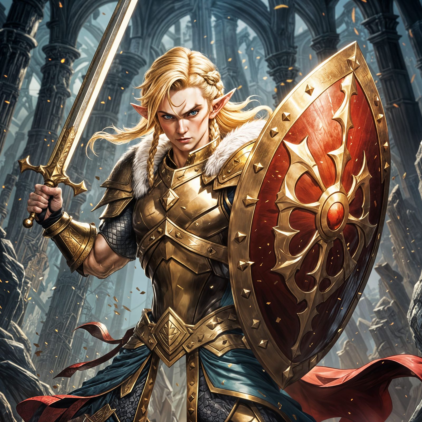 Noble Elf Warrior in Gold and Red Plate Mail
