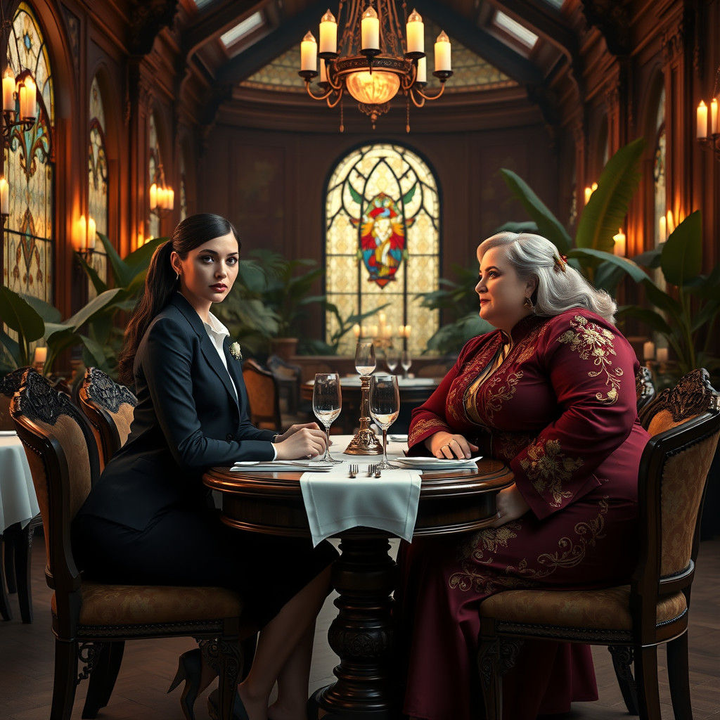 Businesswomen in Ornate Restaurant, Atmospheric Matte Painti...