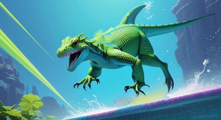 Dynamic Cartoon Lizard Dives into Sparkling Summer Pool