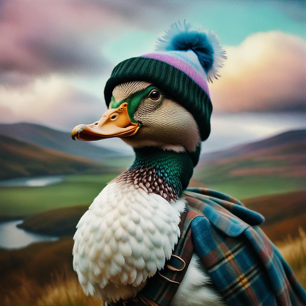 Duck in Kilt and Beanie in Pop Surrealist Style