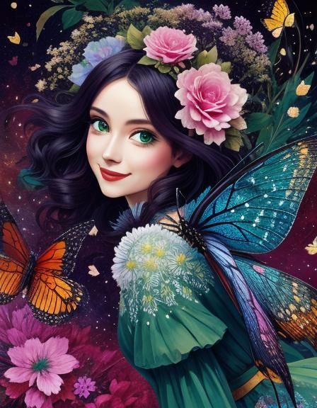 Whimsical Fairy with Ink Splatter and Floral Details