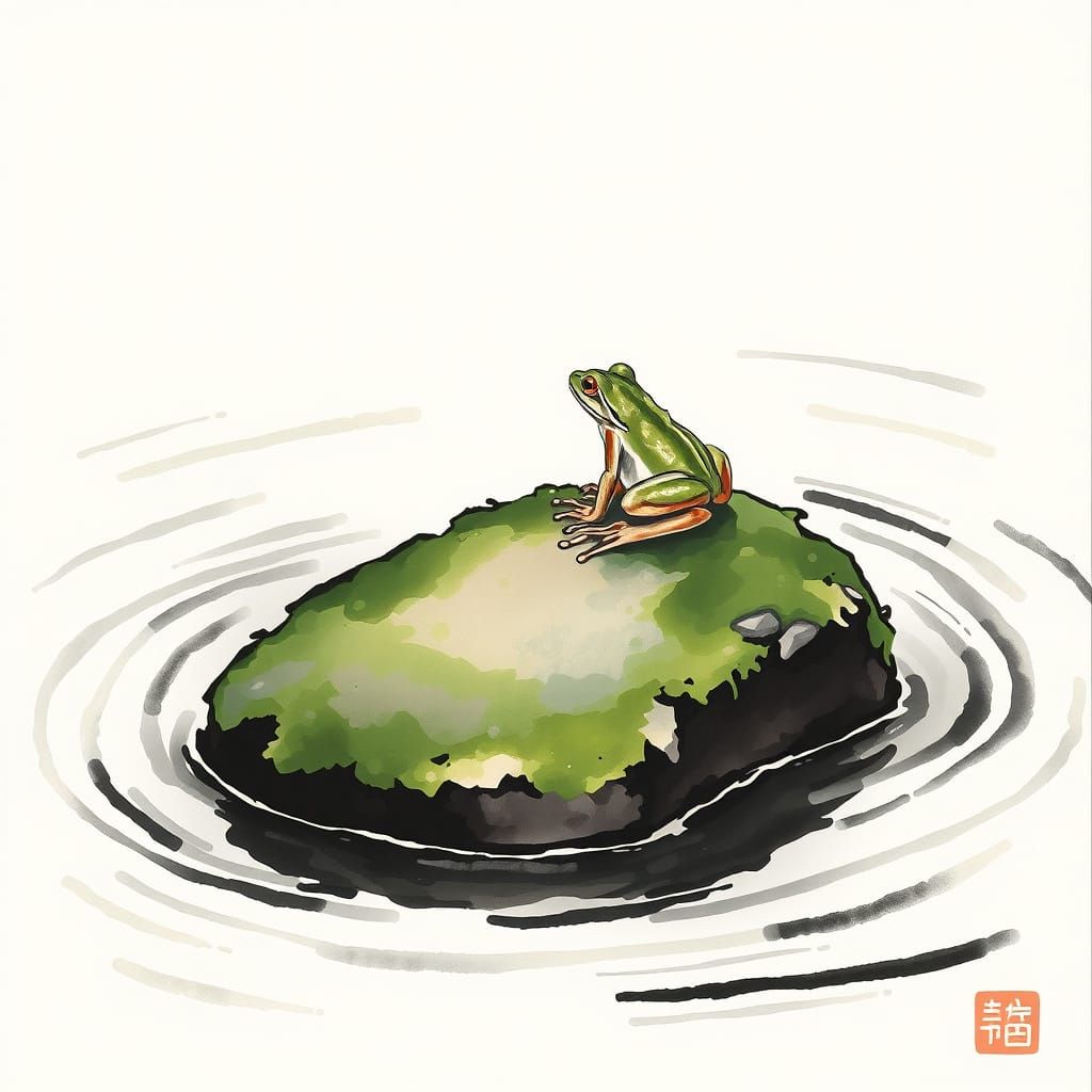 Frog in Sumi-e Style on Mossy Rock
