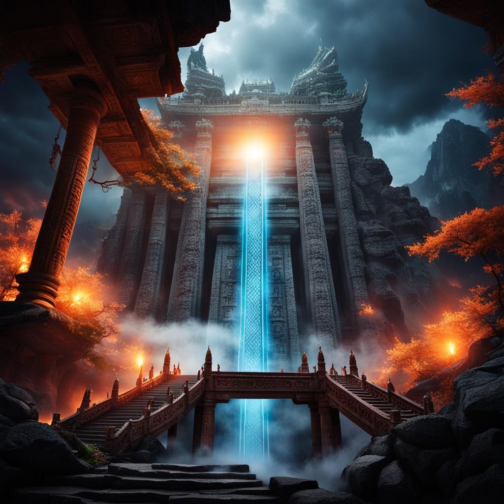 Ancient Temple High on Mountain in Clouds