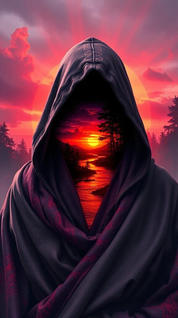 Hooded Figure with Sunset River Dale Landscape