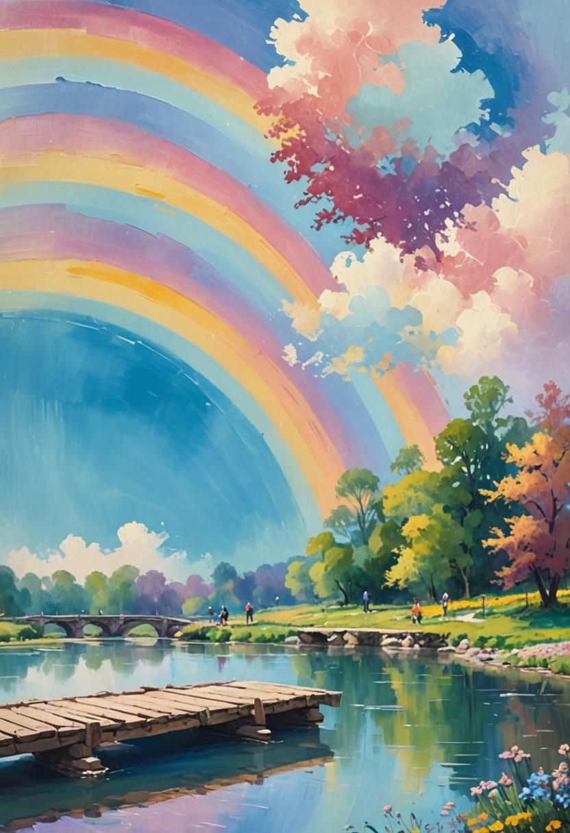 Impressionist Painting of a Sunny Stream and Bridge