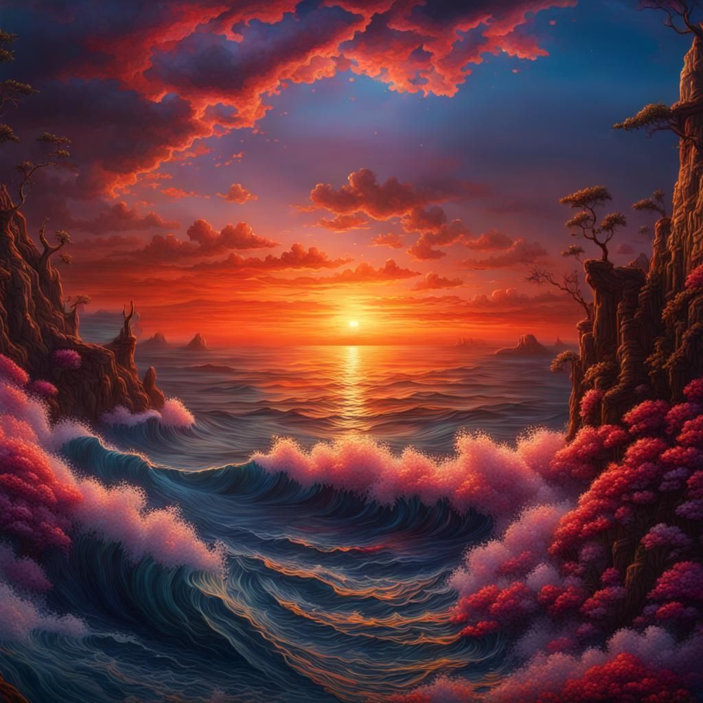 Ocean Sunset in Fantastical Embroidered Style