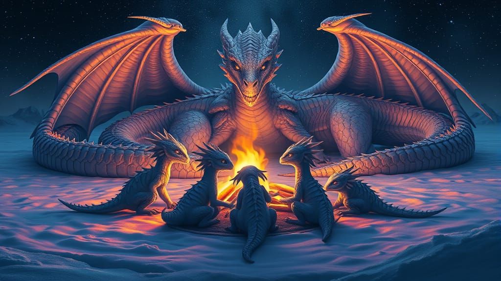 Surreal Snowy Scene of Baby White Dragons and a Majestic Mot...