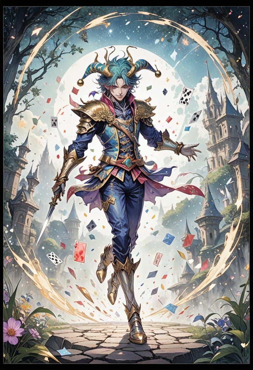 Fantasy Jester Prancing Across Battlefield as Watercolor Pai...