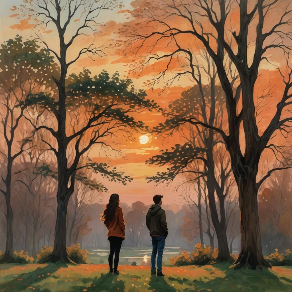 Teen Couple at Sunset in Impressionistic Style