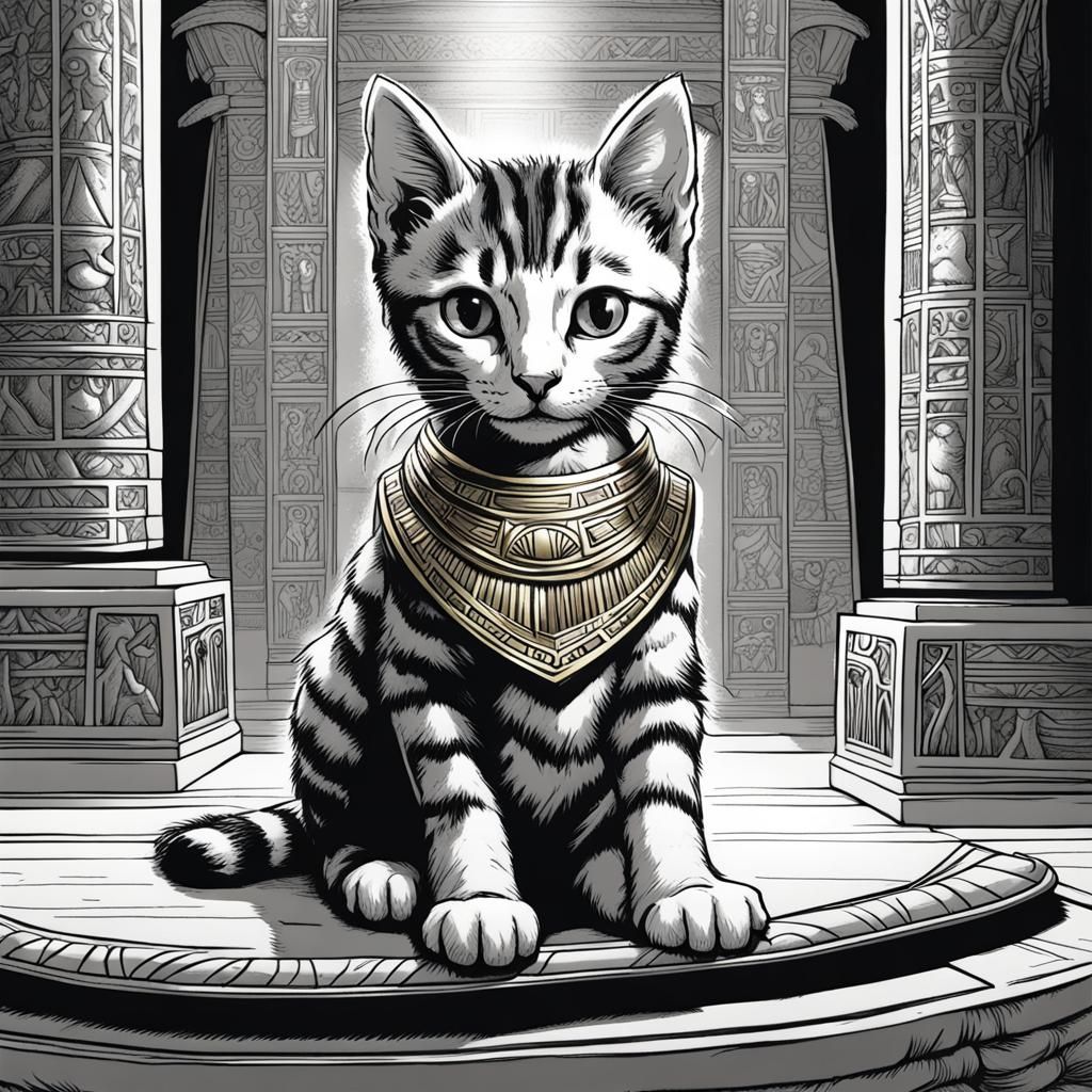 Tabby Kitten as Egyptian, Tenniel Style Black and White Draw...