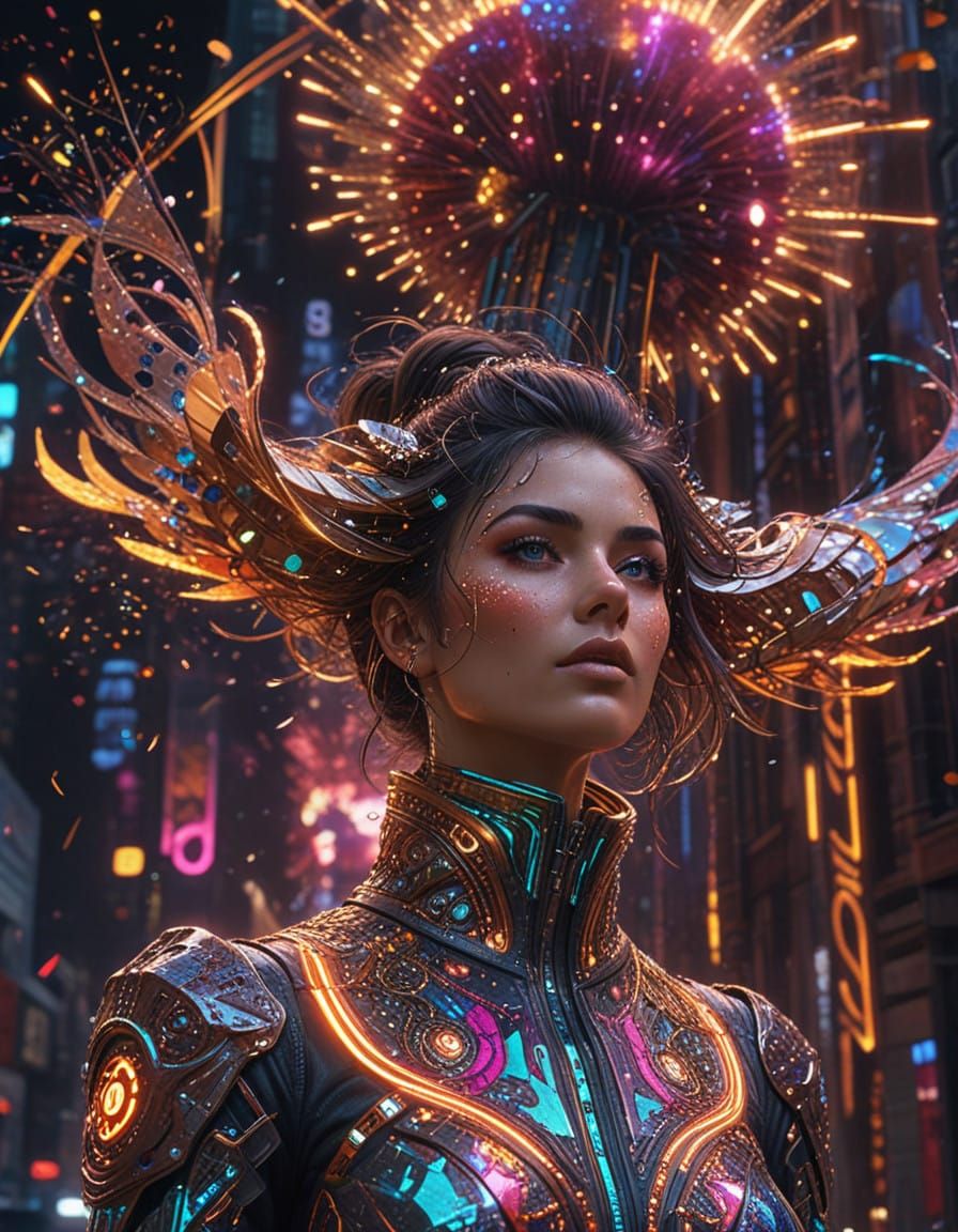Dazzling Futuristic Cityscape with Neon Lights and Revellers