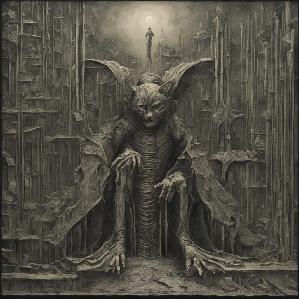 Dark Grey Feline Menace Attacking Human in Moody, Atmospheri...