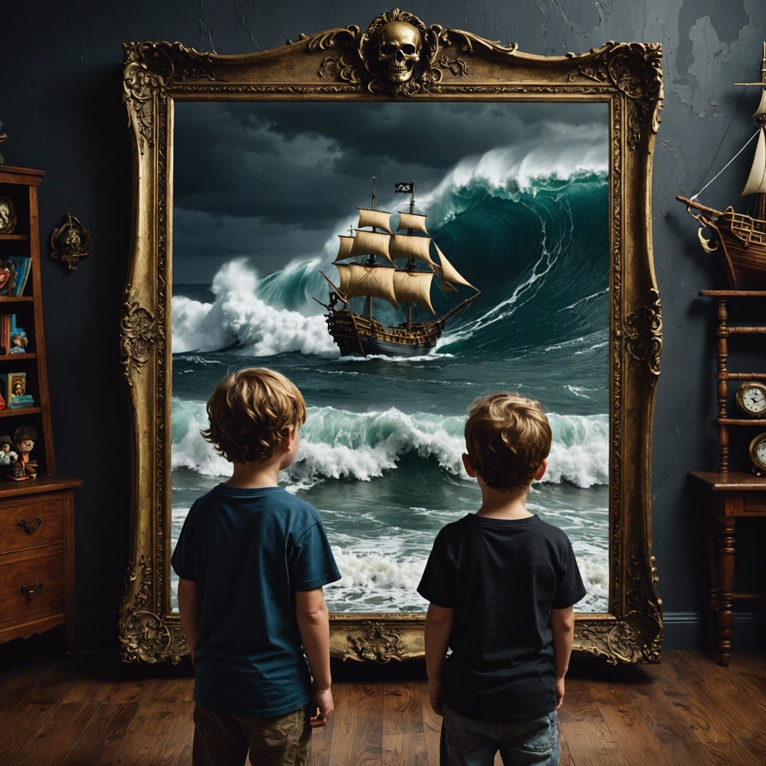 Pirate Ship Emerges: Children's Dream in Dark Studio