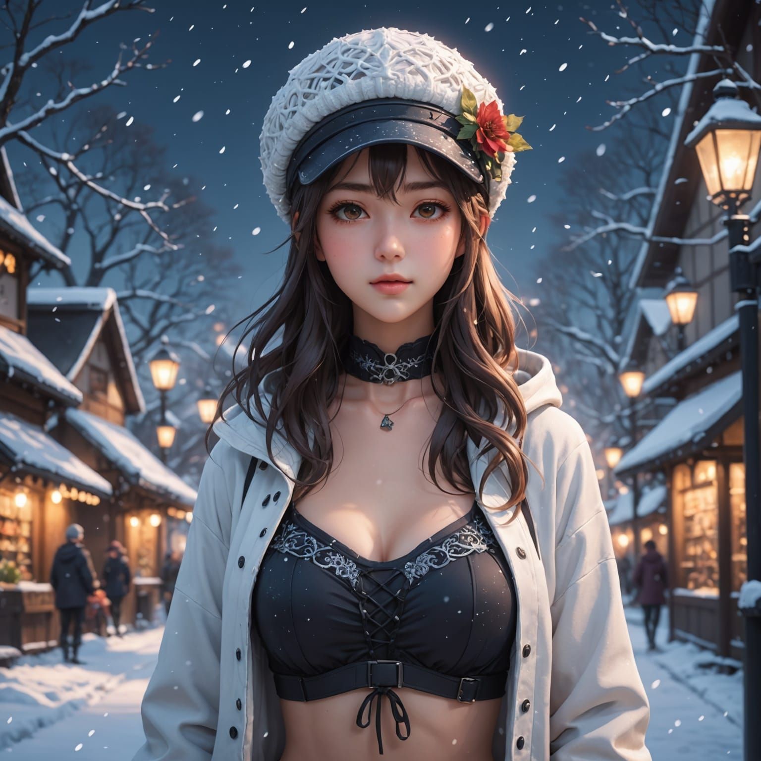 Anime Style Woman in Romantic Winter Bikini and Hat