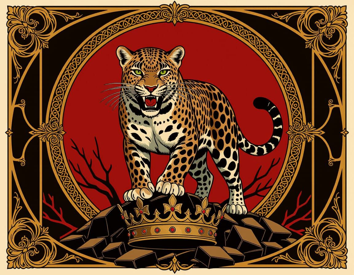 Ferocious Leopard Flag on Broken Crown in Gothic Nouveau Sty...
