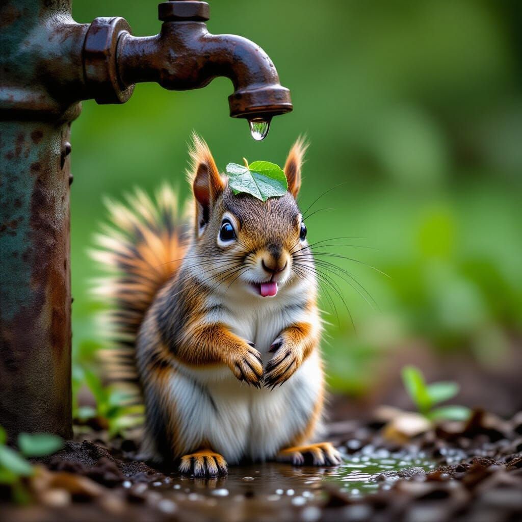 Squirrel Waits for Water Drop: Realistic Nature Photography