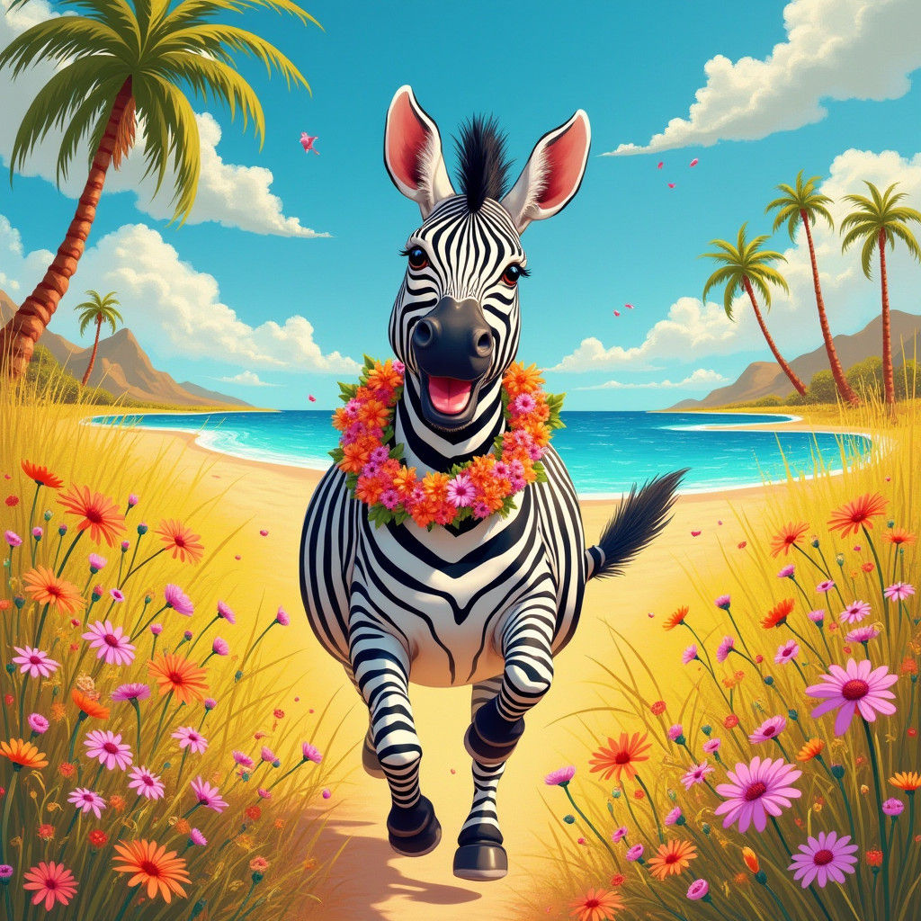 Zebra Runs to Oasis in Gouache Style