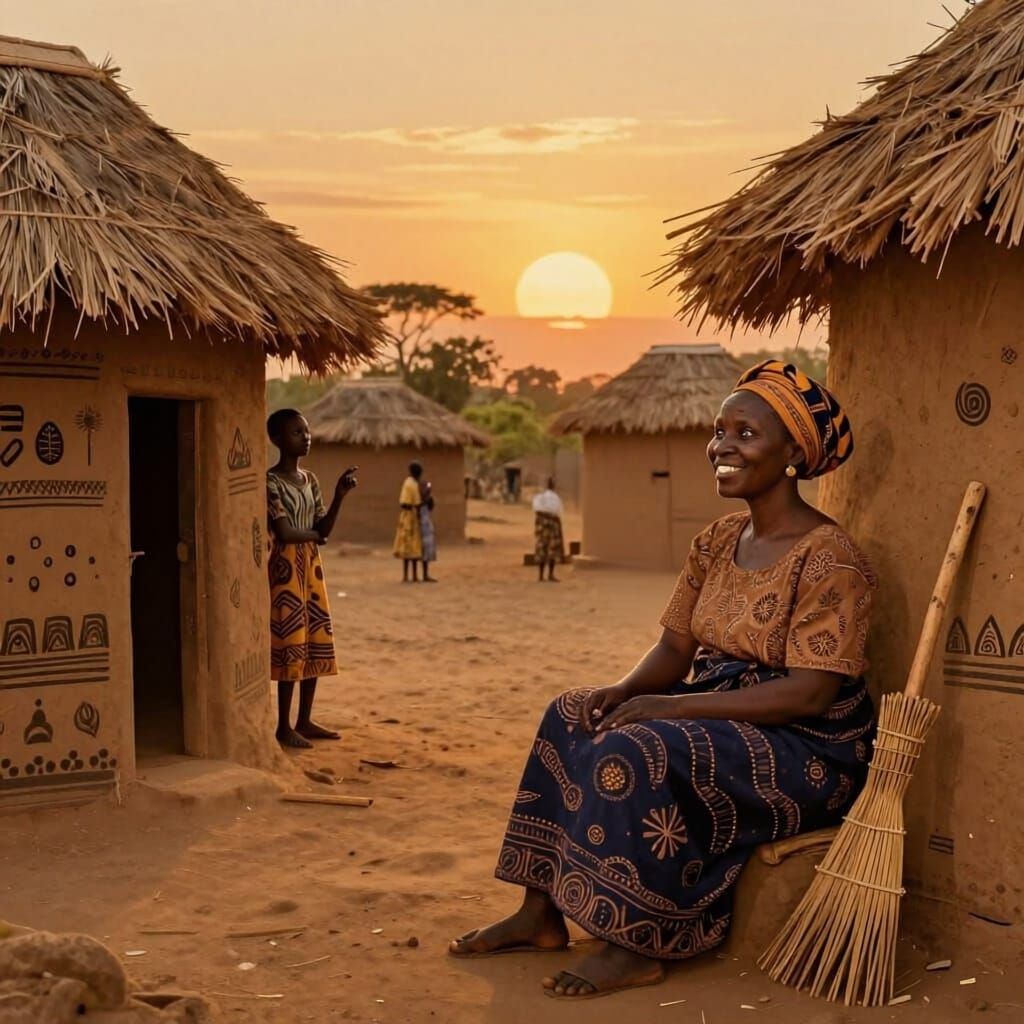 African Village Sunset Folklore Illustration
