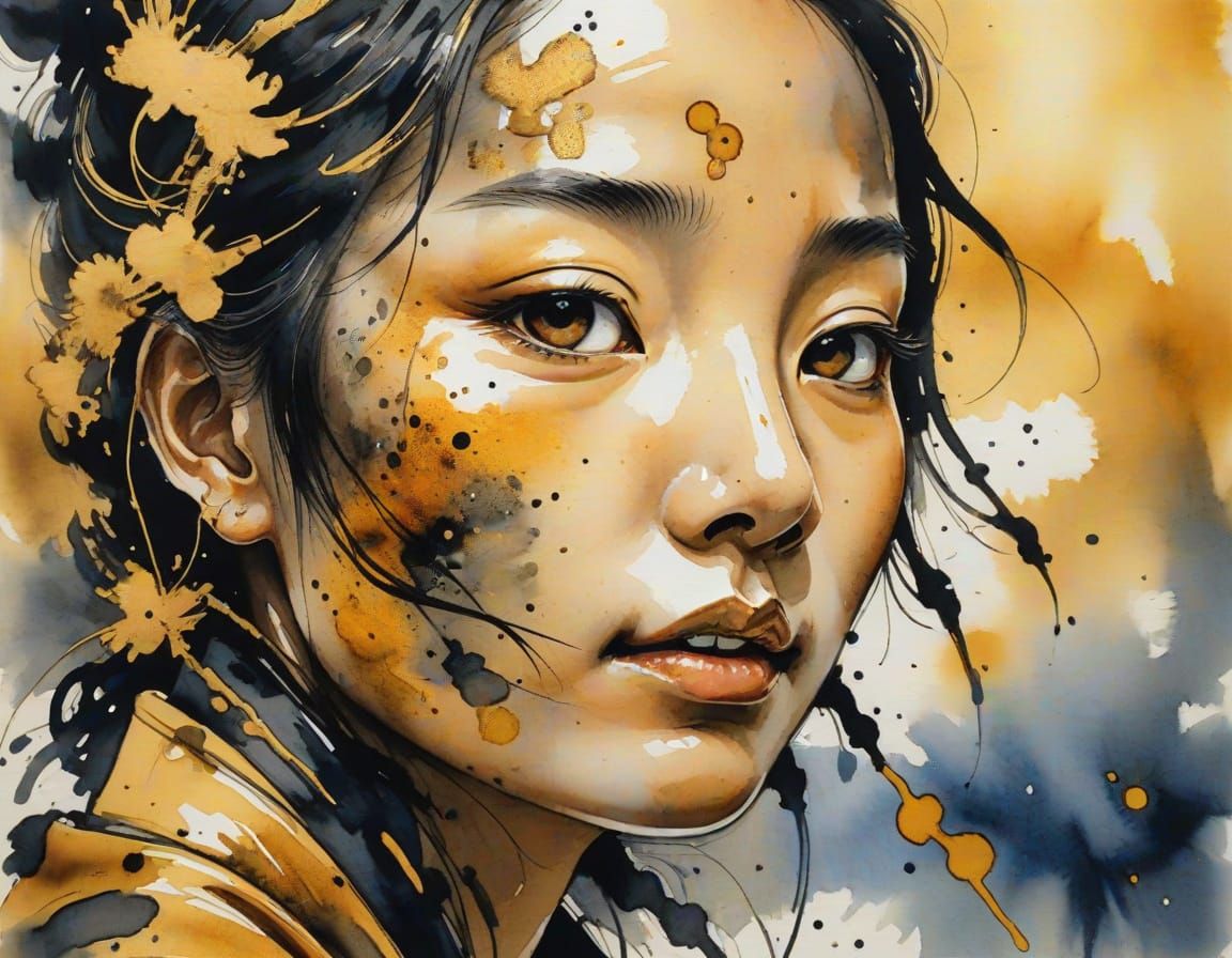 Larva Portrait in Sumi-e Japanese Ink Style