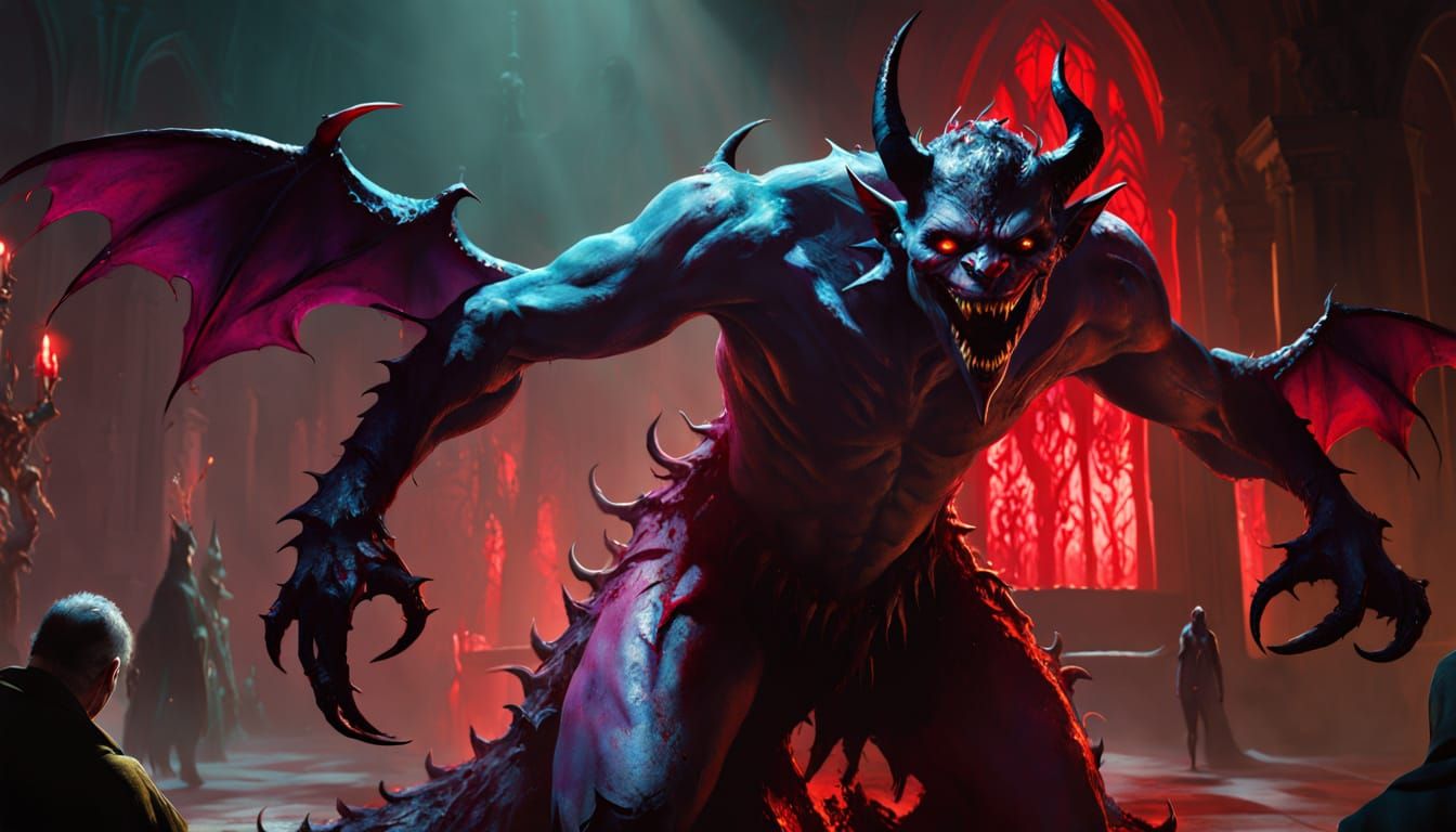 Demonic Creature Grin: Crimson Shadows in Vibrant Concept Ar...